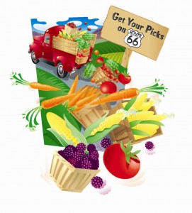 drawing of a truck surrounded by fruits and vegetables 