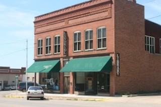 Library: brick building with green awnings